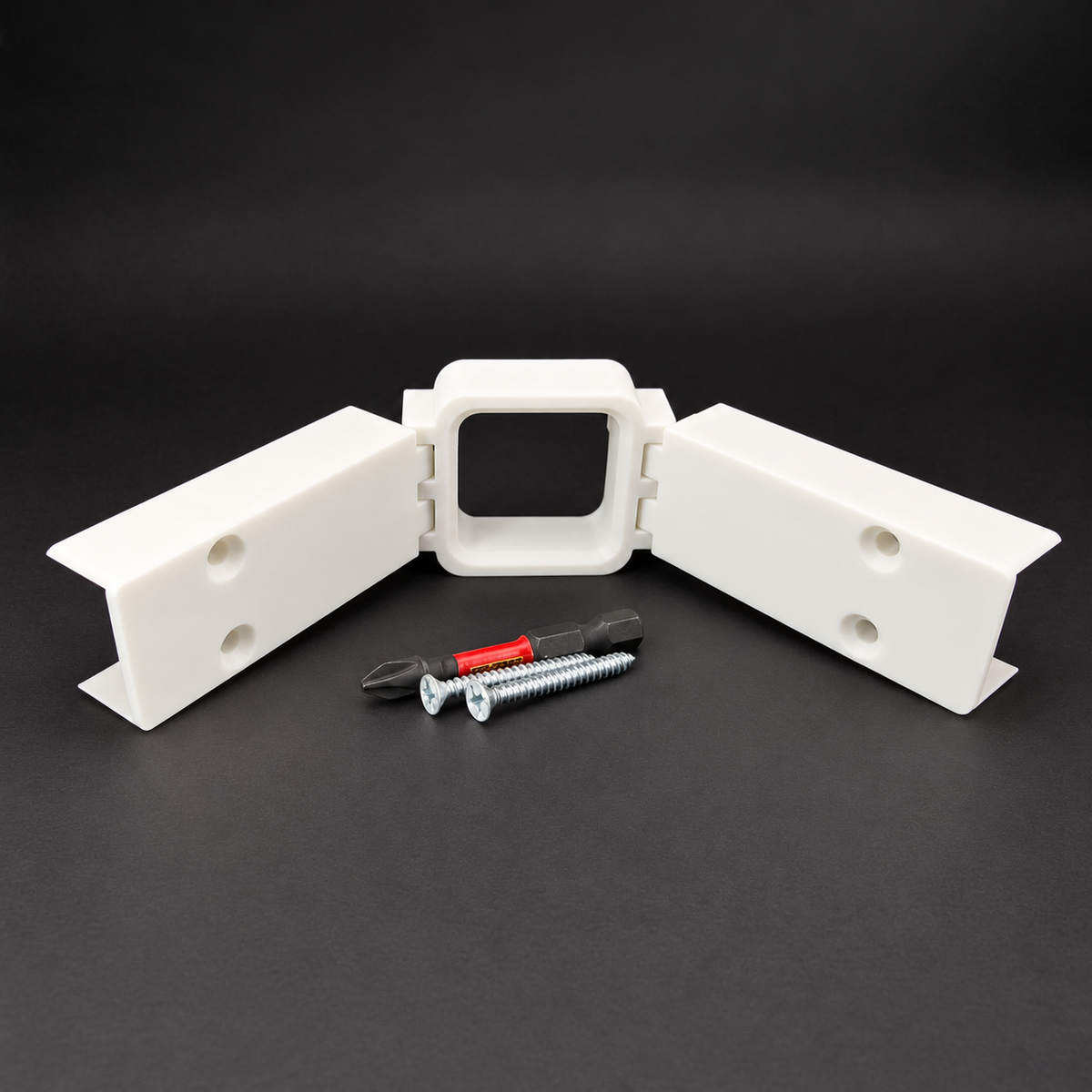 White channel-style gable bracket for Govee non-Pro permanent outdoor lights, shown with mounting screws and driver bit.