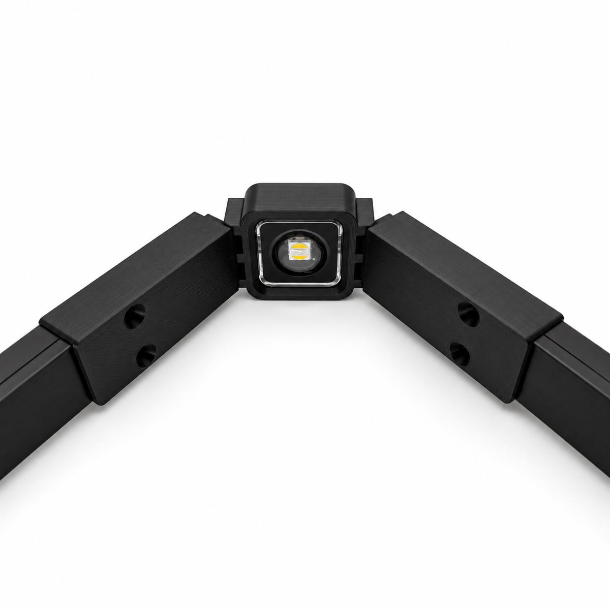 Black Govee non-Pro gable bracket holding a permanent outdoor LED light between two black wire channels.