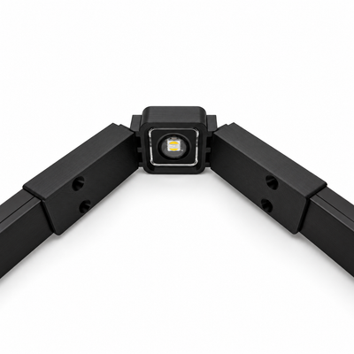 Black Govee non-Pro gable bracket holding a permanent outdoor LED light between two black wire channels.