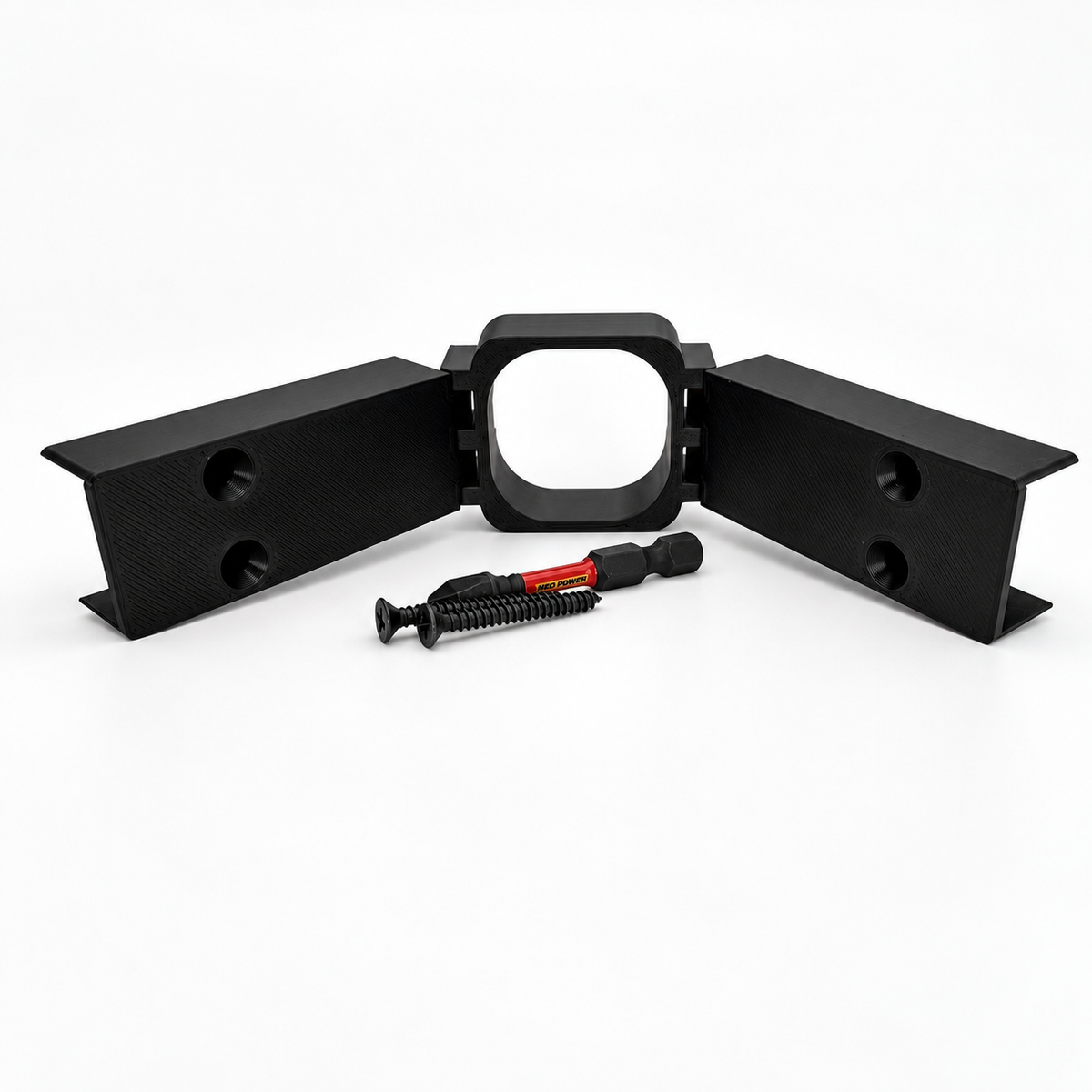 Black Govee Pro Channel Fit Peak Hinge bracket with adjustable arms, mounting screws, and driver bit on a white background.