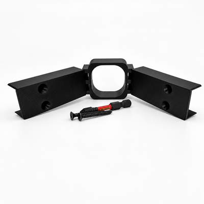 Black Govee Pro Channel Fit Peak Hinge bracket with adjustable arms, mounting screws, and driver bit on a white background.