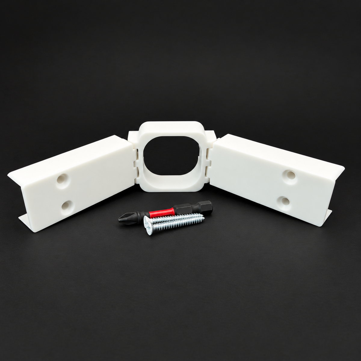 White Govee Pro Channel Fit Peak Hinge bracket shown at an adjustable angle with mounting screws and driver bit.